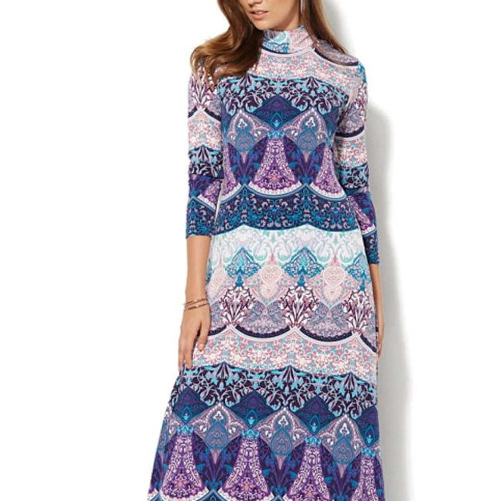 New York and Company The Bohemian Ornate Print Maxi Dress Blue Lyrics Small - Picture 3 of 16